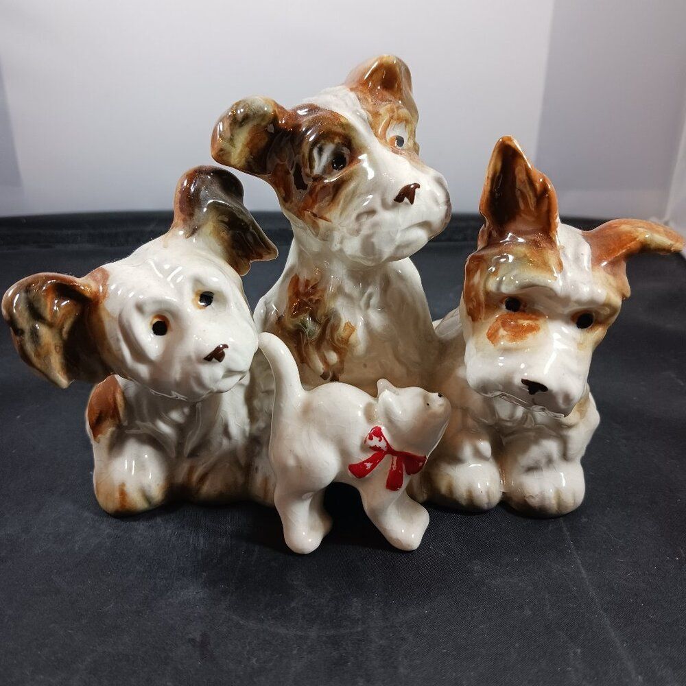 Vintage 3 Terrier Dogs And One Cat Ceramic Figure Home Decor Pets